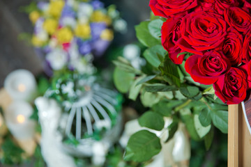 Red roses flowers with valentine festival and beautiful blur bouquet background . 8 marc . Very beautiful Red roses flowers . Soft box shot . Red rose flowers .