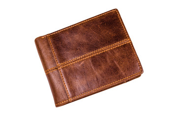 Closed brown leather wallet isolated on a white background