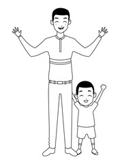 Family Single father with little kid cartoon in black and white