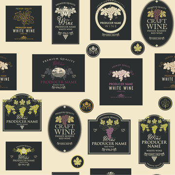 seamless pattern on the theme of wine with various wine labels with images of grapes, landscapes, winery and other in retro style