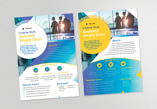 Flyer Layout with Circle Elements in Blue and Yellow Accents