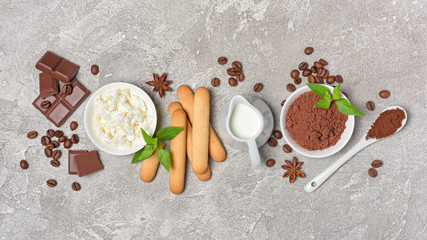Top view on ngredients for italian dessert tiramisu cake
