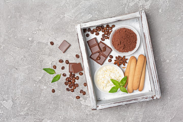 Top view on ngredients for italian dessert tiramisu cake