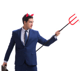 Evil devil businessman with pitchfork isolated on white backgrou