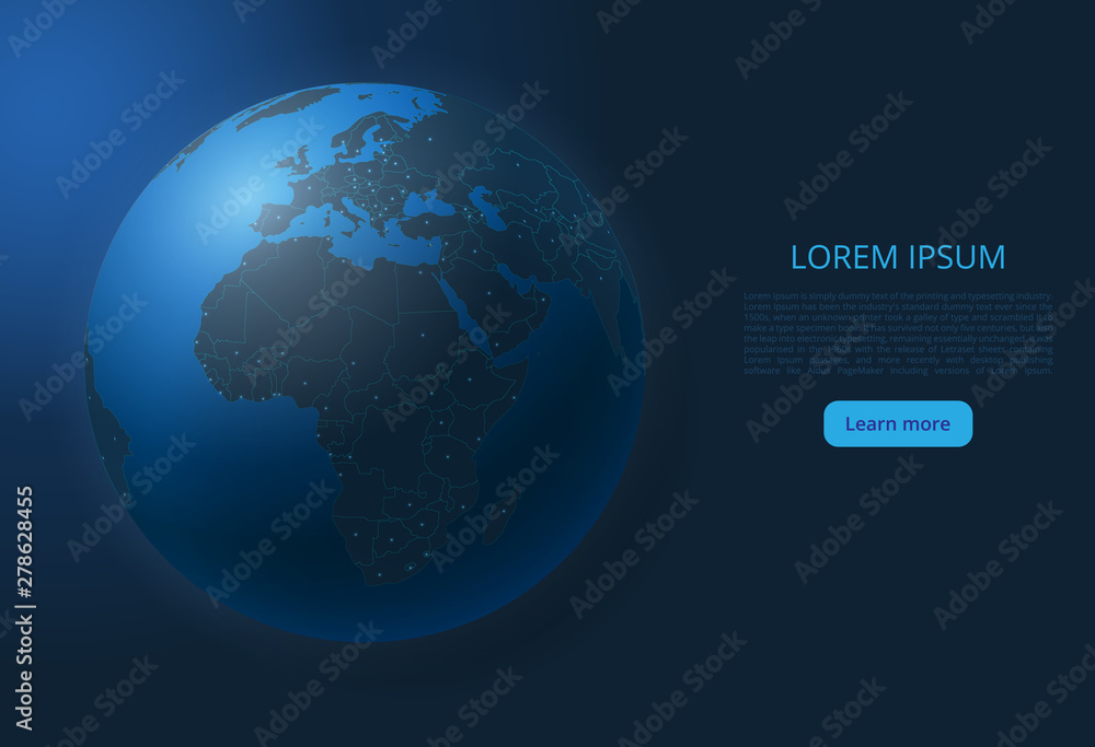 Poster map of europe and africa (world). a vector image of a global map in the form of world cities or a po