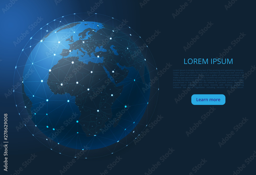 Poster map of europe and africa (world). a vector image of a global map in the form of world cities or a po