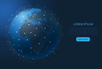 Map of Europe and Africa (world). A vector image of a global map in the form of world cities or a population density consisting of points, shapes, and space. The concept of the world wide web. Edited