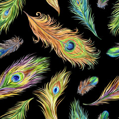 Fototapeta na wymiar Seamless pattern of multi-colored peacock feathers on a black background, watercolor illustration, print for fabric and other designs.