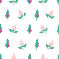Beautiful hand drawn pink flowers and aqua purple leaves. Seamless vector pattern on subtle citrus striped white background. Great for wellness, beauty products, stationery, texture, scrapbooking