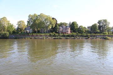 Houses on water on Rhine river in Wiesbaden