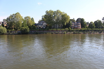Houses on water on Rhine river in Wiesbaden