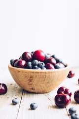 Bowl of ripe cherries and blueberries