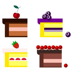 Set of different pieces of chocolate and biscuit sponge cakes with cherry, blueberries, strawberries, cranberries