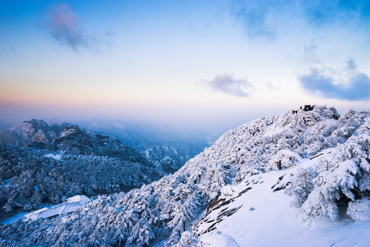 Snow covered trees on mountains in China
