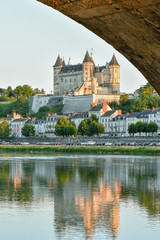 Views of the city of Saumur from the riverbank at dusk, with the castle in the background. Loire...