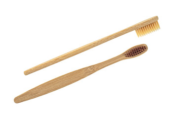 Bamboo toothbrushes on white background, dental concept. Eco-friendly bamboo toothbrushes.
