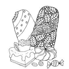 Coloring page with cake, ice cream, cupcake, candy and other dessert