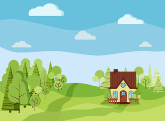 Fototapeta premium Summer spring green landscape background with country rural farm house with chimney and attic