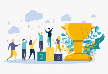 Colorful vector illustration, concept of achieving the vector business goal, winner with a golden cup in his hand, first place, number one, holiday.