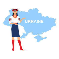 Woman in Ukrainian national traditional costume. Beautiful girl in national costume against the background of the map of Ukraine