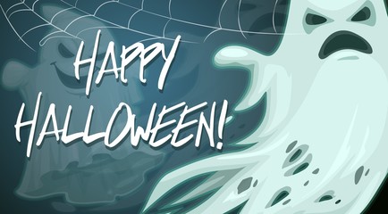 Happy Halloween, spooky ghost in spider web