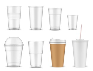 Plastic and paper cups, mugs of takeaway drinks
