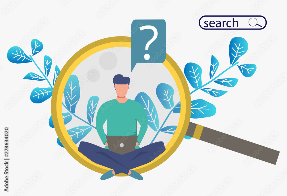 Poster search for information or a potential internet candidate. metaphor banner with a man sitting on a hu