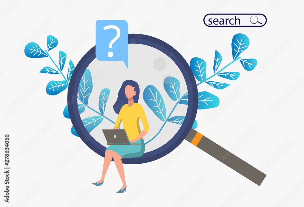 Poster search for information or a potential internet candidate. metaphor banner with a woman sitting on a 
