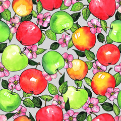 Fototapeta na wymiar Seamless botanical pattern with apples and flowers. Graphics and watercolor, hand drawing.