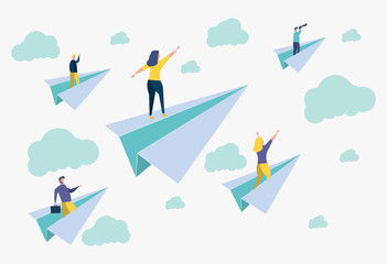 Career success, office workers flying on paper planes. Achieve success and goals in business. Colorful illustration. Career for woman or man