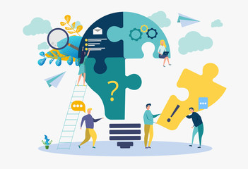 Metaphor of the birth of a creative business idea. business concept analysis. A vector illustration of people putting a lamp out of puzzles.