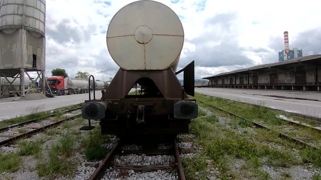 Wagons for liquids waits for further transportation on train depot