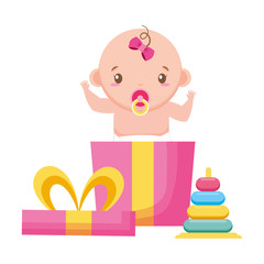cute girl in diaper with gift cube baby shower