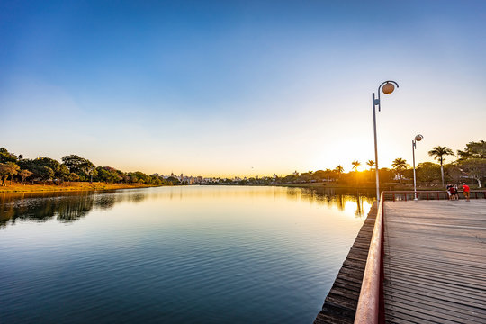 Sao Jose do Rio Preto City. View of lake park at sunset