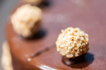 Close up of chocolate cake with nuts balls.