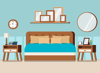 Cozy bedroom interior scene with furniture: bed, nightstands, wall watch, mirror, books, lamp, alarm clock, shelf with pictures