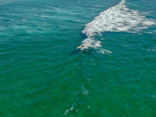 Aerial view of surfers waiting, paddling and enjoying waves in a beautiful blue water  in La Jolla,...