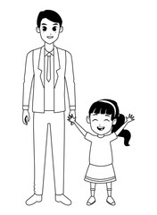 Family Single father with little kid cartoon in black and white