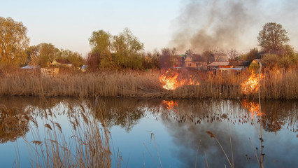 the fire on a pond fire runs high