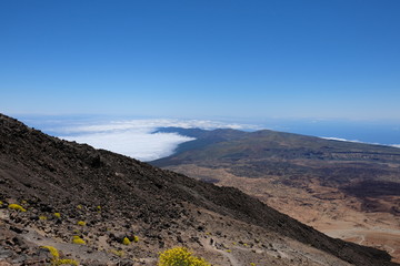 Sea views from mountain top volcanic landscape