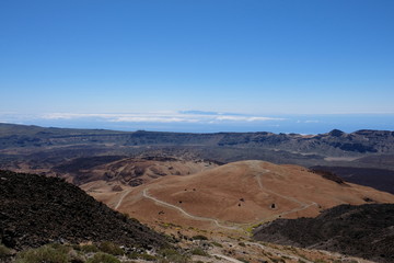 Sea views from mountain top volcanic landscape
