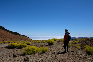 Man on dry volcanic mountain landscape surrounded by yellow flow