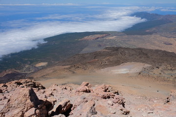 Sea views from mountain top volcanic landscape