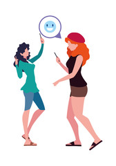 two women characters using smartphone