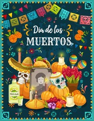 Sugar skulls on Mexican Day of the Dead altar - obrazy, fototapety, plakaty