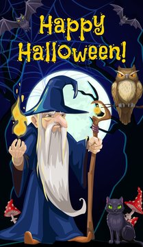 Halloween wizard sorcerer and witch black cat