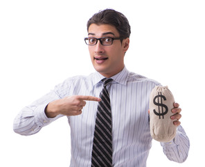Young businessman with money sack isolated on white background