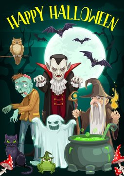 Halloween ghost, vampire, zombie and wizard