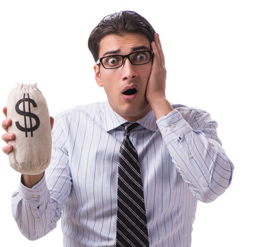 Young businessman with money sack isolated on white background