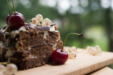 Chocolate cake with cherry on a beautiful bokeh background, with berries and flowers on a summer picnic